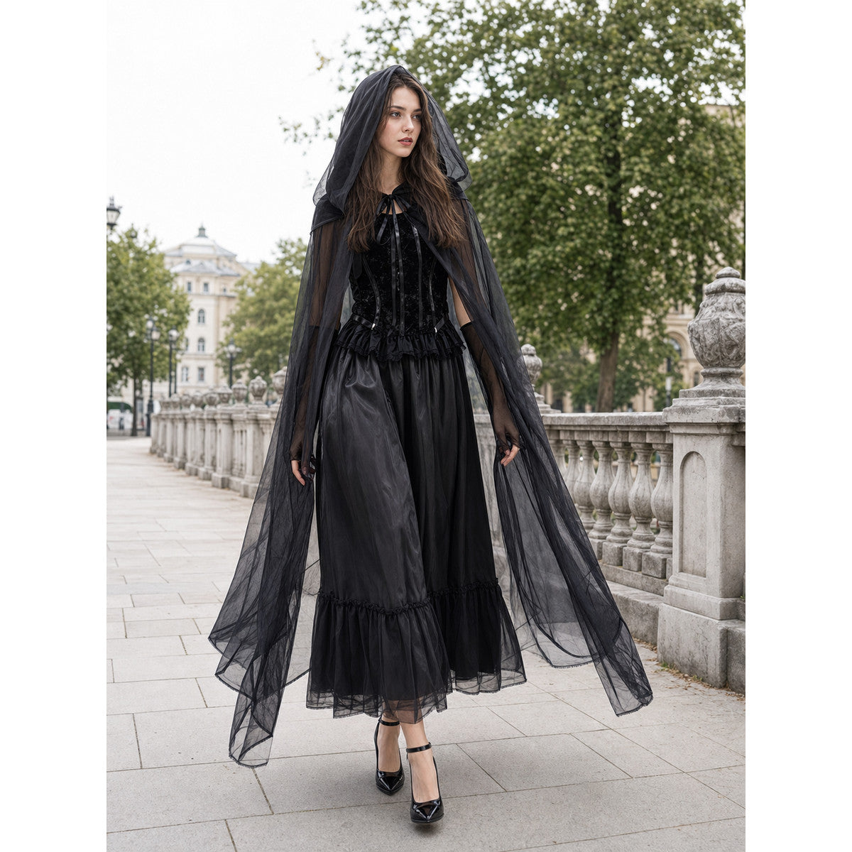 Black hooded costume cloak for cosplay lifestyle view