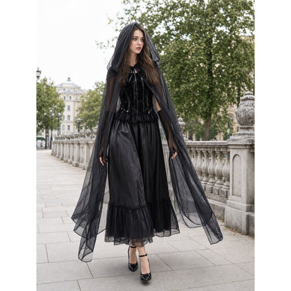 Black hooded costume cloak for cosplay lifestyle view