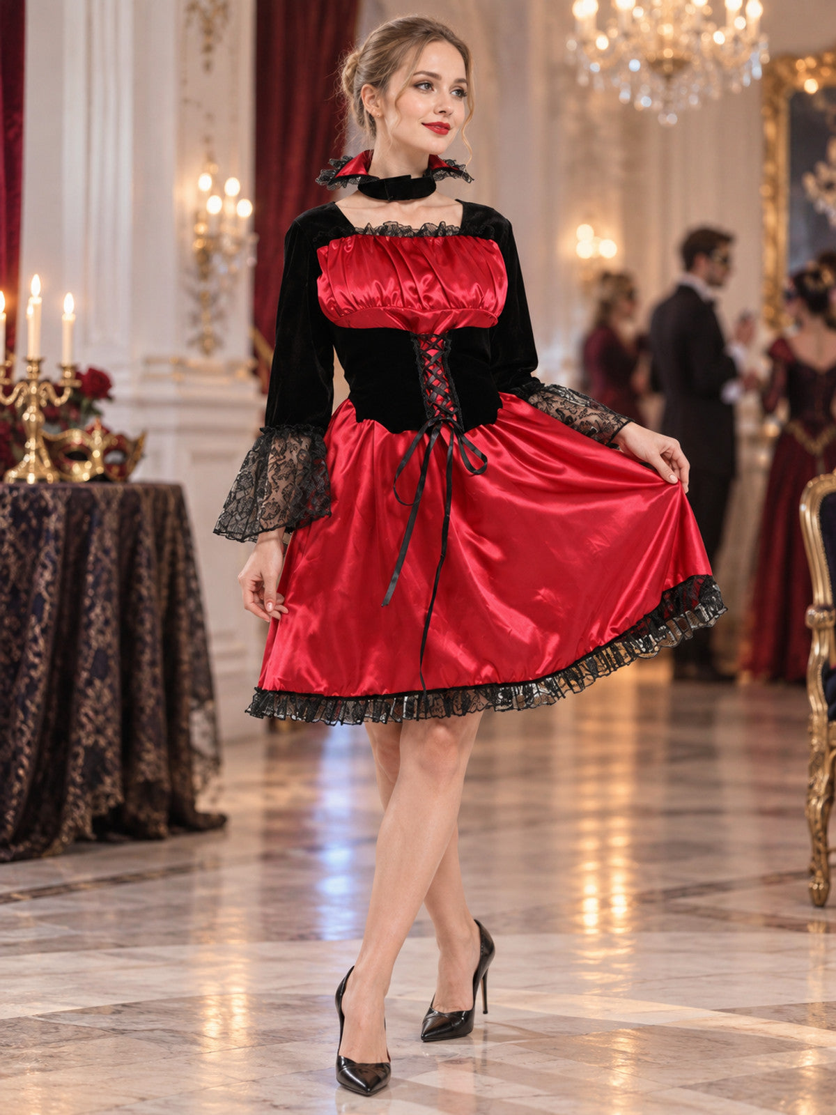 Carnival Costume: Red and Black Dress with Lace, Choker
