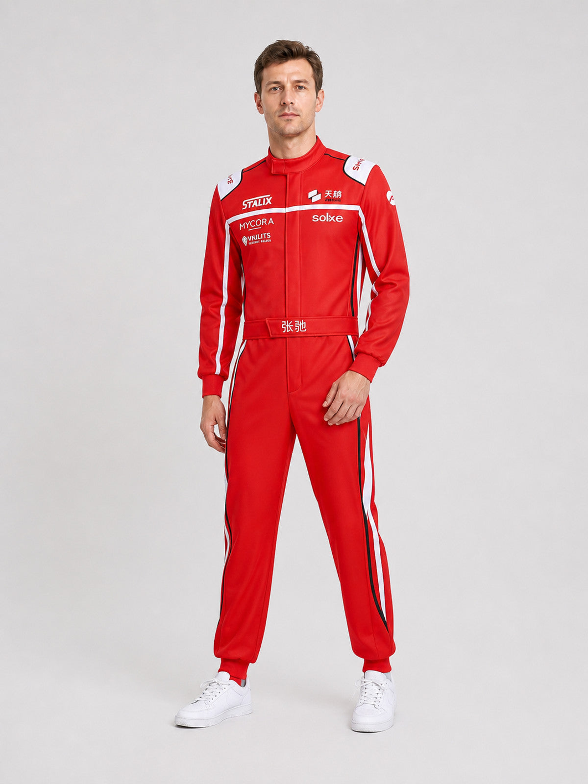 Red, White, and Black Racing Jumpsuit for Cosplay Costumes detail