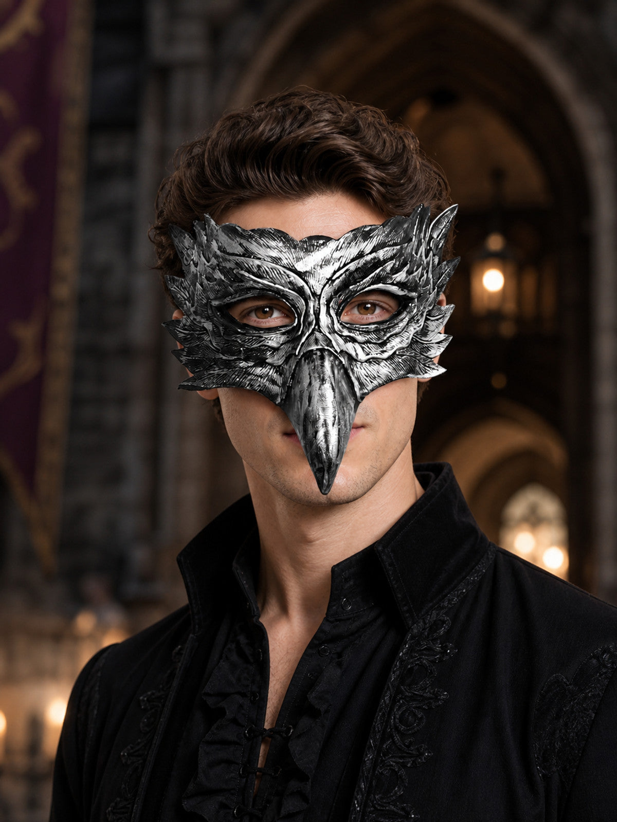 1pc Silver Black Eagle Feather Half Face Mask with Long Beak, Layered Feathers