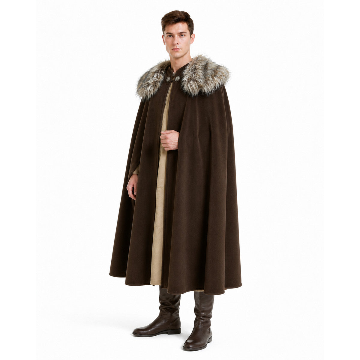 Long Brown Cape with Fur Collar Costume Capes detail