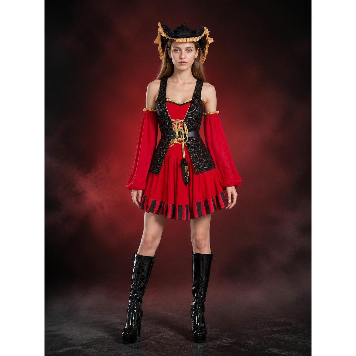 Pirate Halloween Costume Set, Red Black Gold Dress with Hat and Sleeves main product view