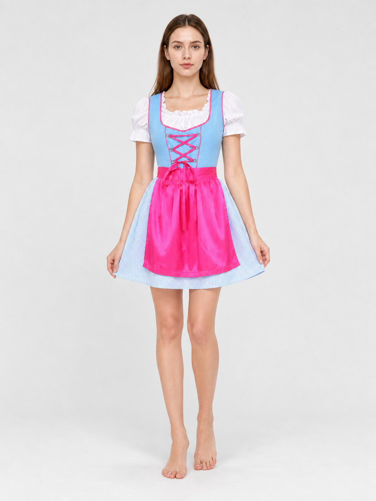 Cosplay dress with apron, bow, and ribbons