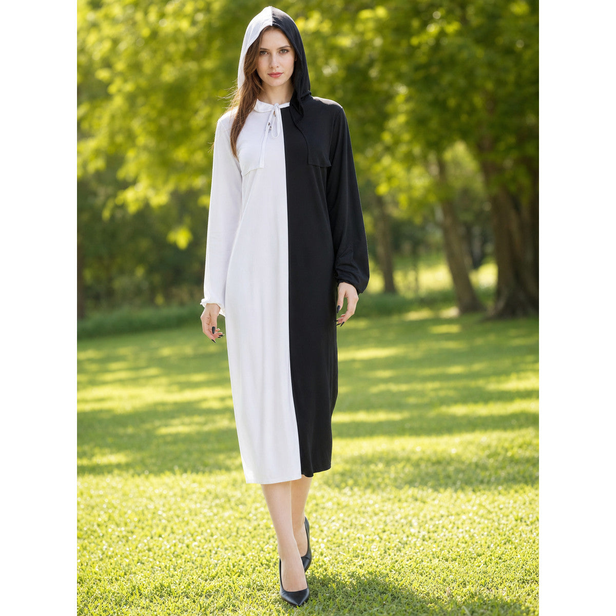Black-and-White Hooded Carnival Dress lifestyle view