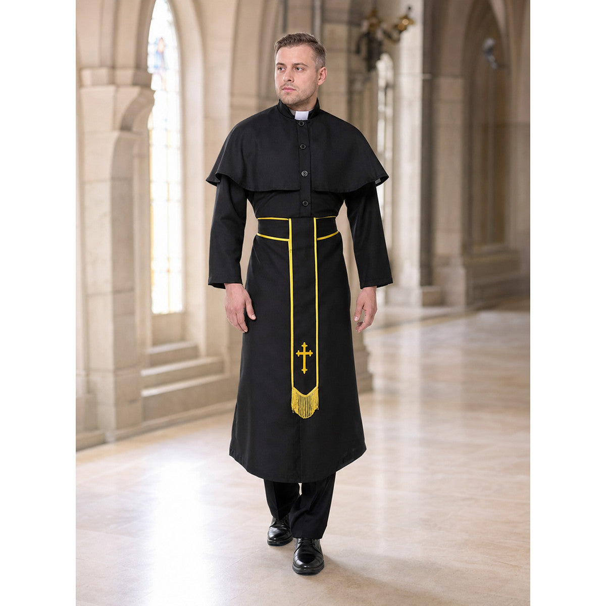 Vampire Costume: Black Robe with Belt and Cross lifestyle view