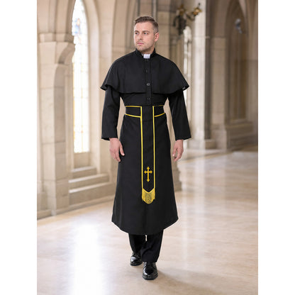 Vampire Costume: Black Robe with Belt and Cross lifestyle view