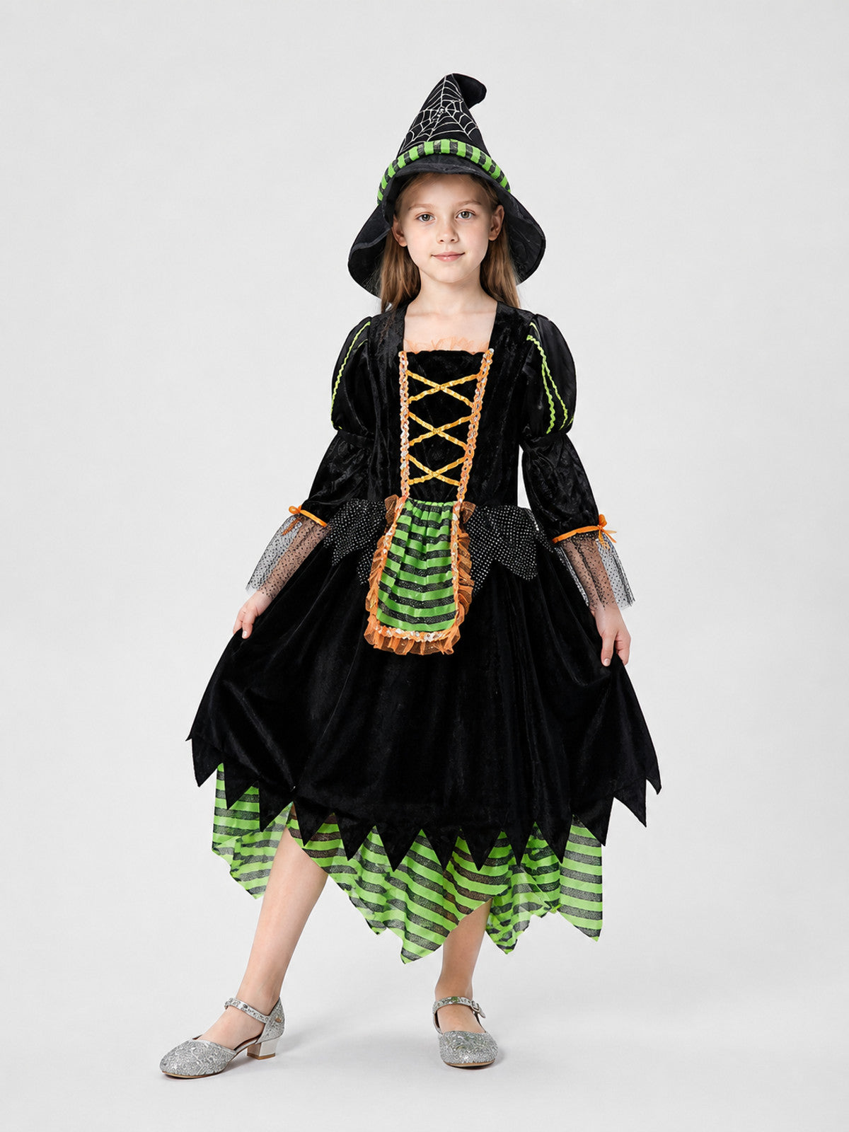 Children's Witch Costume with Striped Skirt and Hat