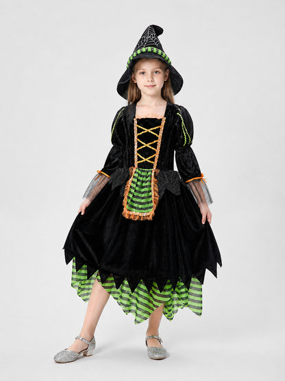Children's Witch Costume with Striped Skirt and Hat
