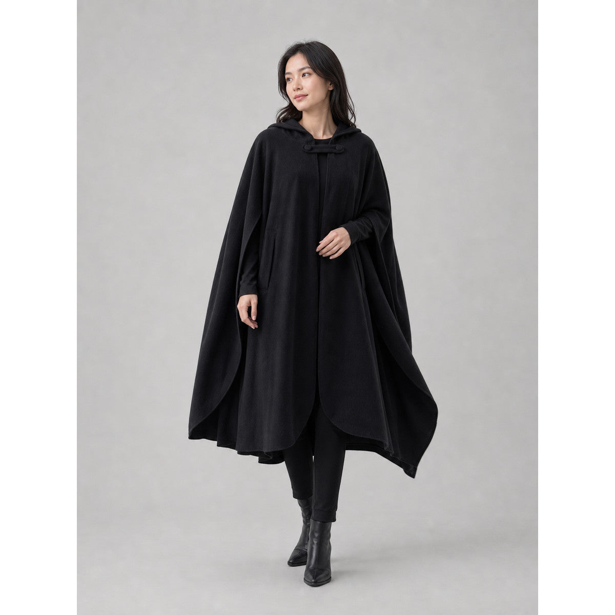 Long Black Hooded Cape with Clasp