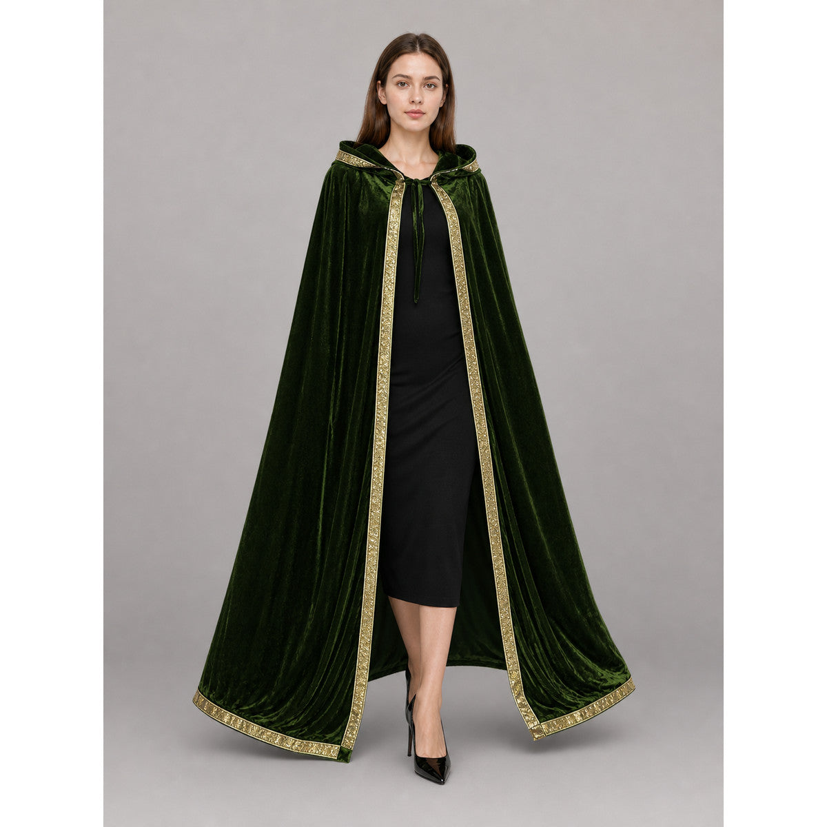 Green costume cloak with hood, gold trim occasion guide