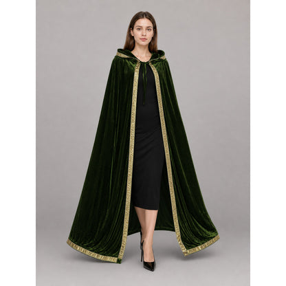 Green costume cloak with hood, gold trim occasion guide