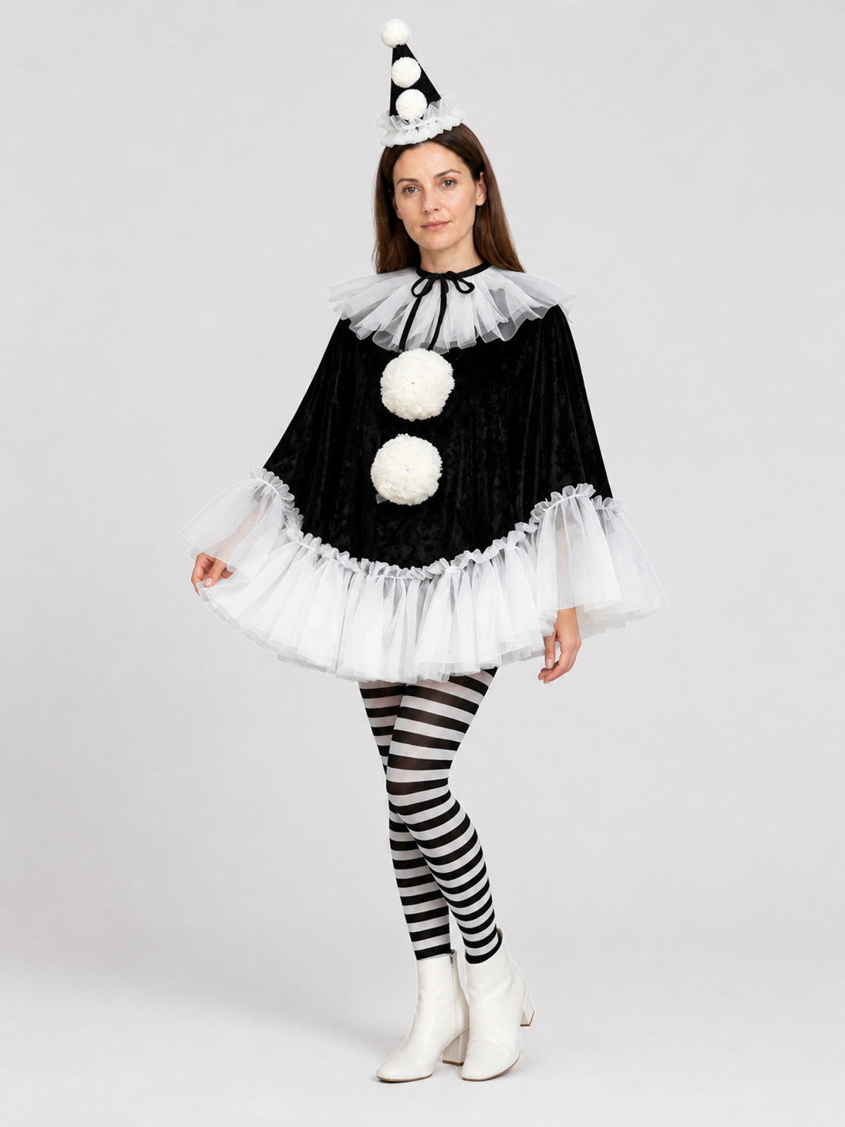 Black and White Carnival Cape with Pom-Poms Costume Capes detail