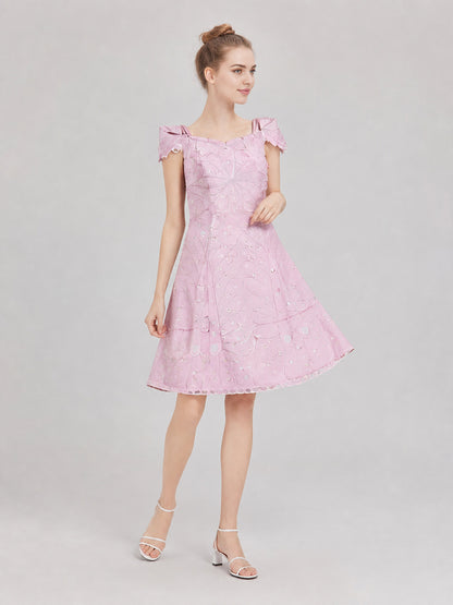 Pink cosplay dress inspired by the film “Wicked 2.” The design features a