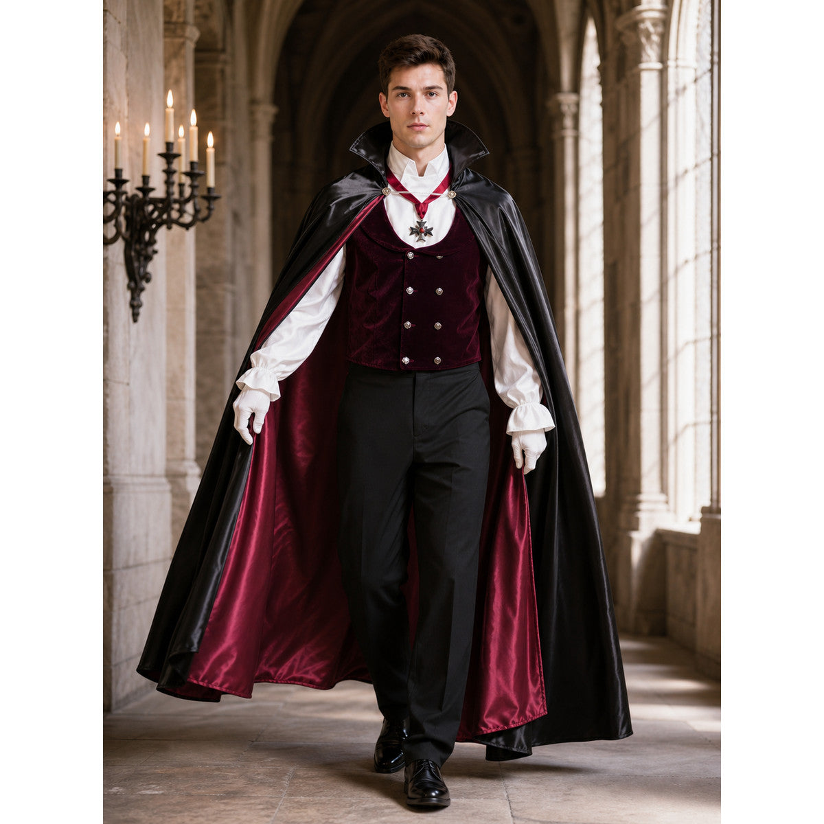 Vampire Costume: Cloak, Vest, Shirt, and Pants lifestyle view