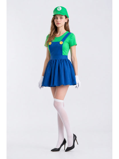 Green and Blue Luigi Costume with Hat and Gloves Costume Headwear detail