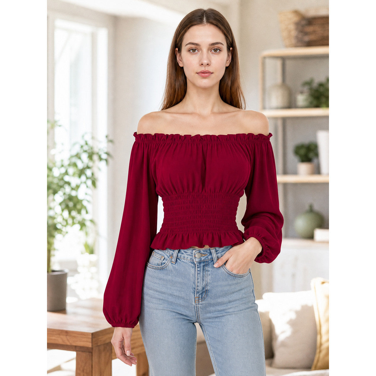 Off-the-Shoulder Blouse with Long Sleeves