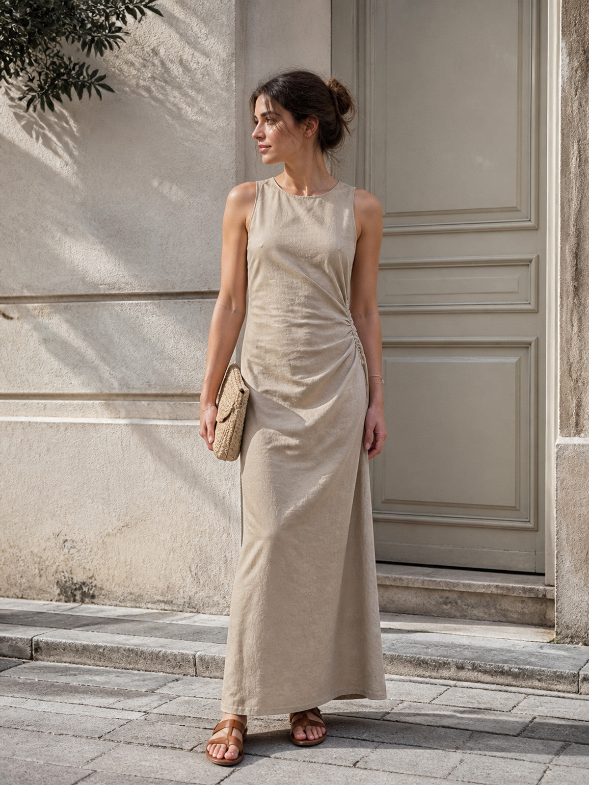 Solid light brown fabric with texture and folds product detail