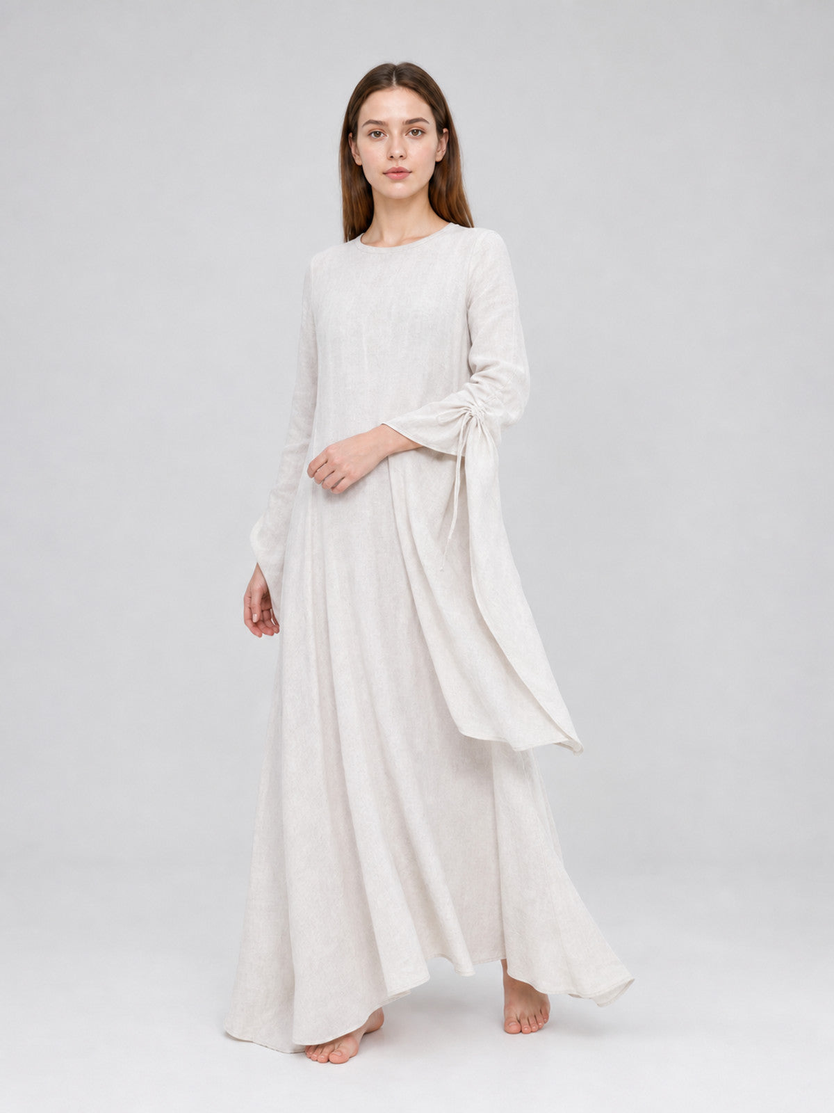 White Boho Maxi Dress with Belt and Flared Sleeves