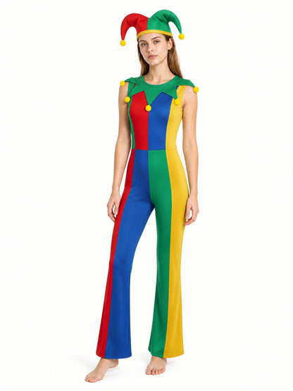Clown Costume, Multicolored Jumpsuit with Hat