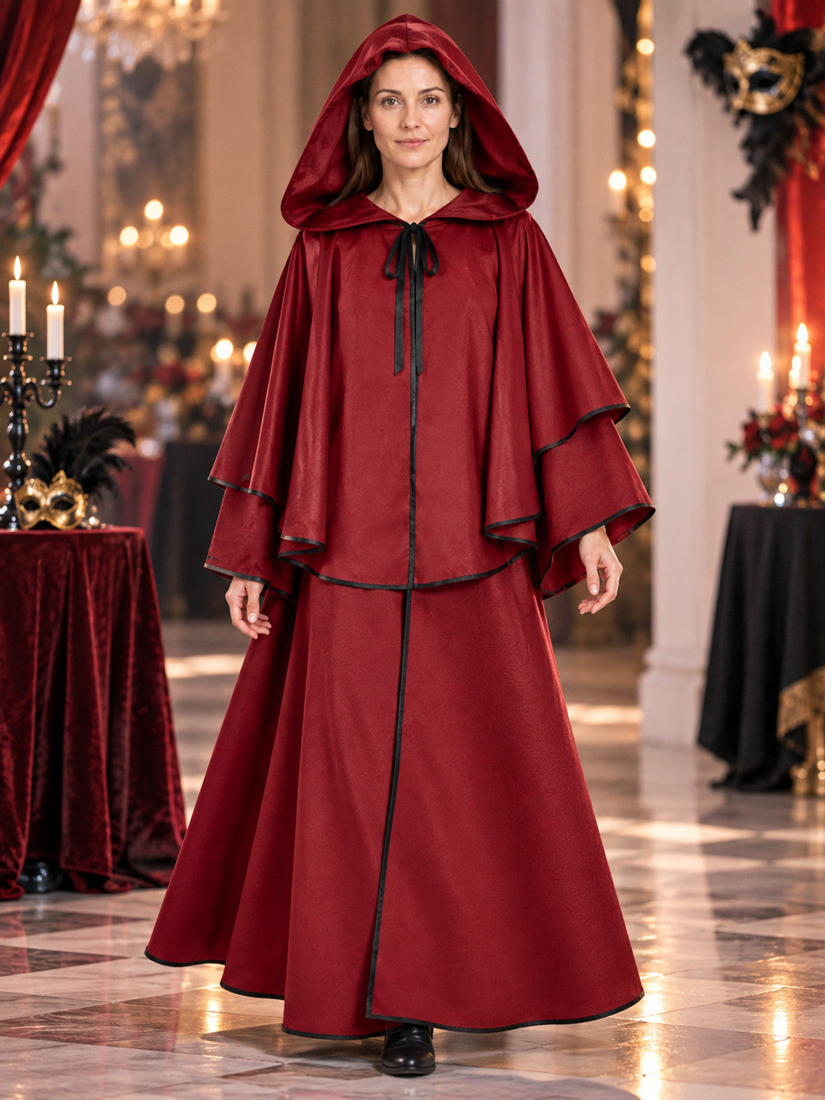 Long red hooded cloak with black trim