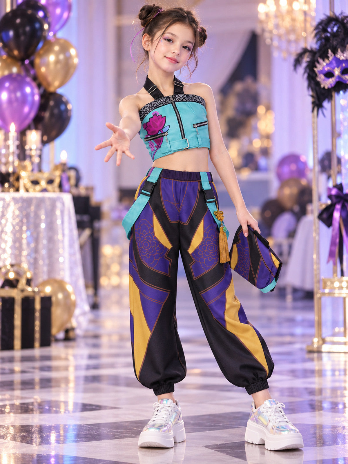 Turquoise Kids' Cosplay Costume with Top and Pants
