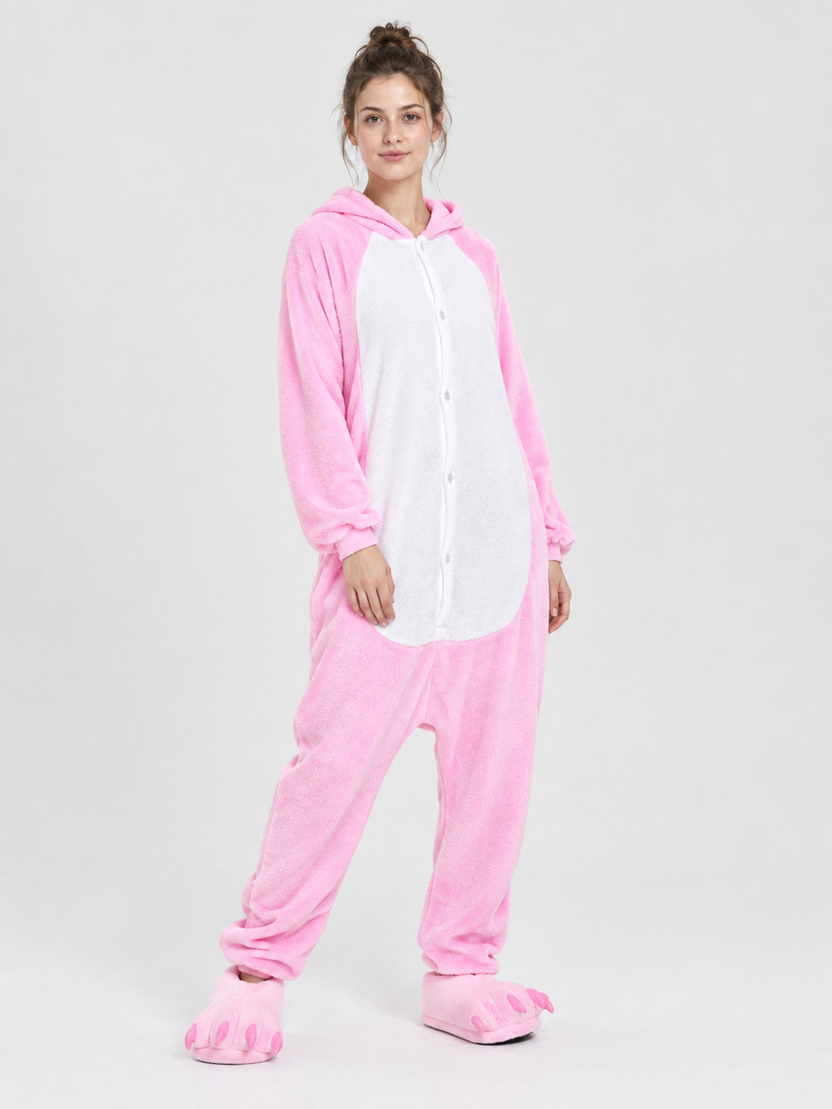 Pink pajama jumpsuit with hood and white insert