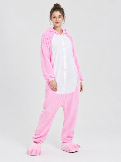 Pink pajama jumpsuit with hood and white insert