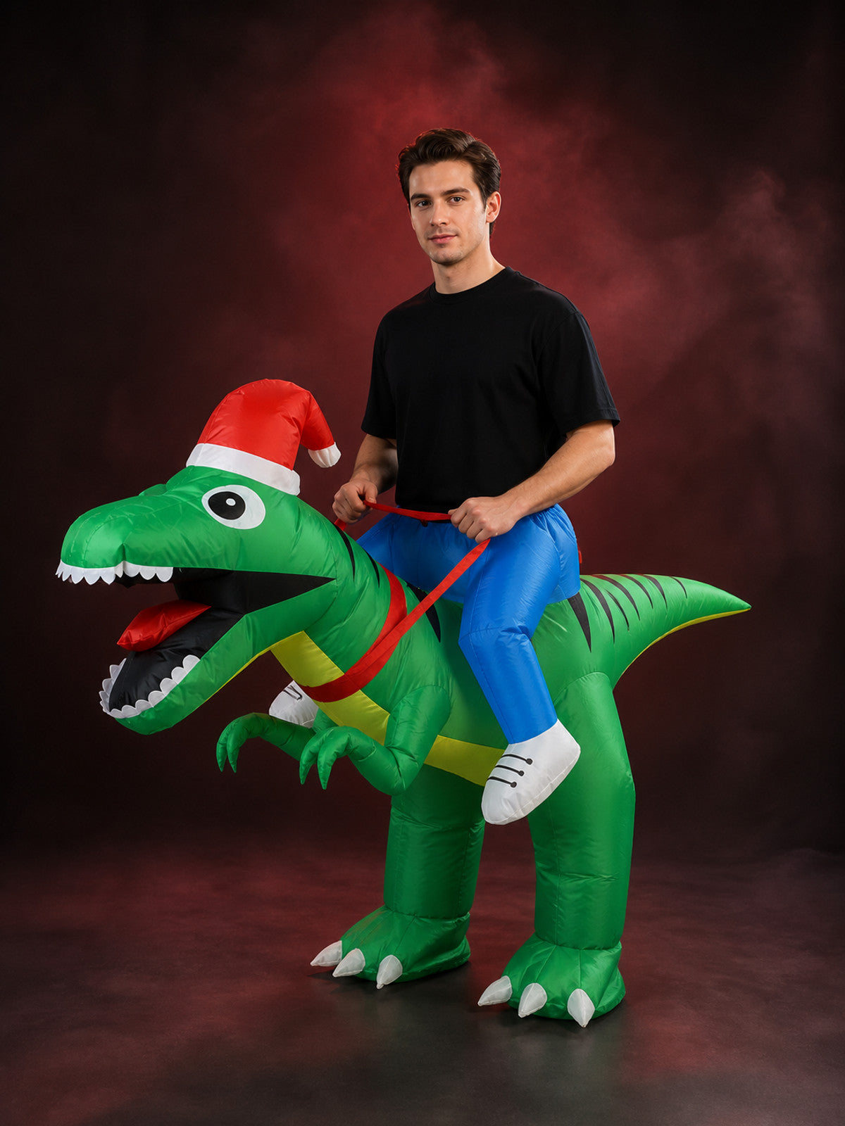 Inflatable Dinosaur Costume with Christmas Hat and Black Stripes for Halloween main product view