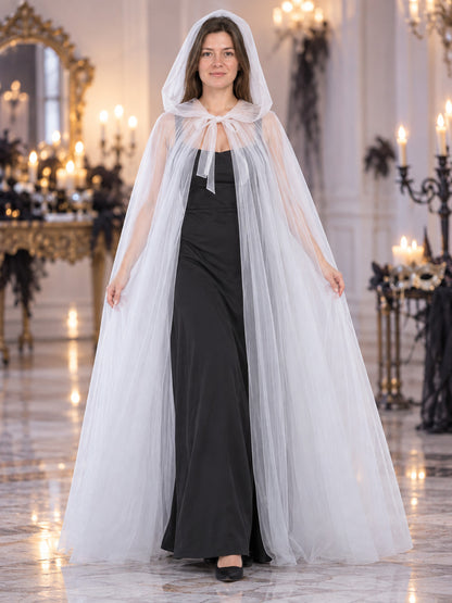 White Long Mesh Hooded Cape with Bow