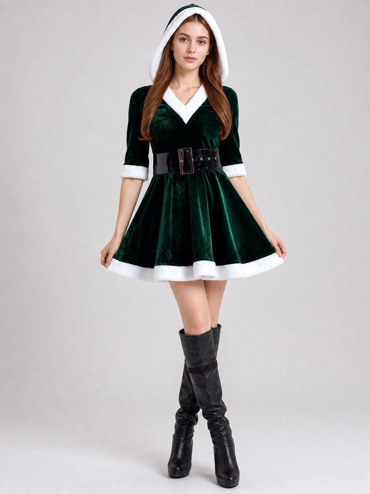 The dress is designed in a deep green color with white details. The hood Costume Dresses detail