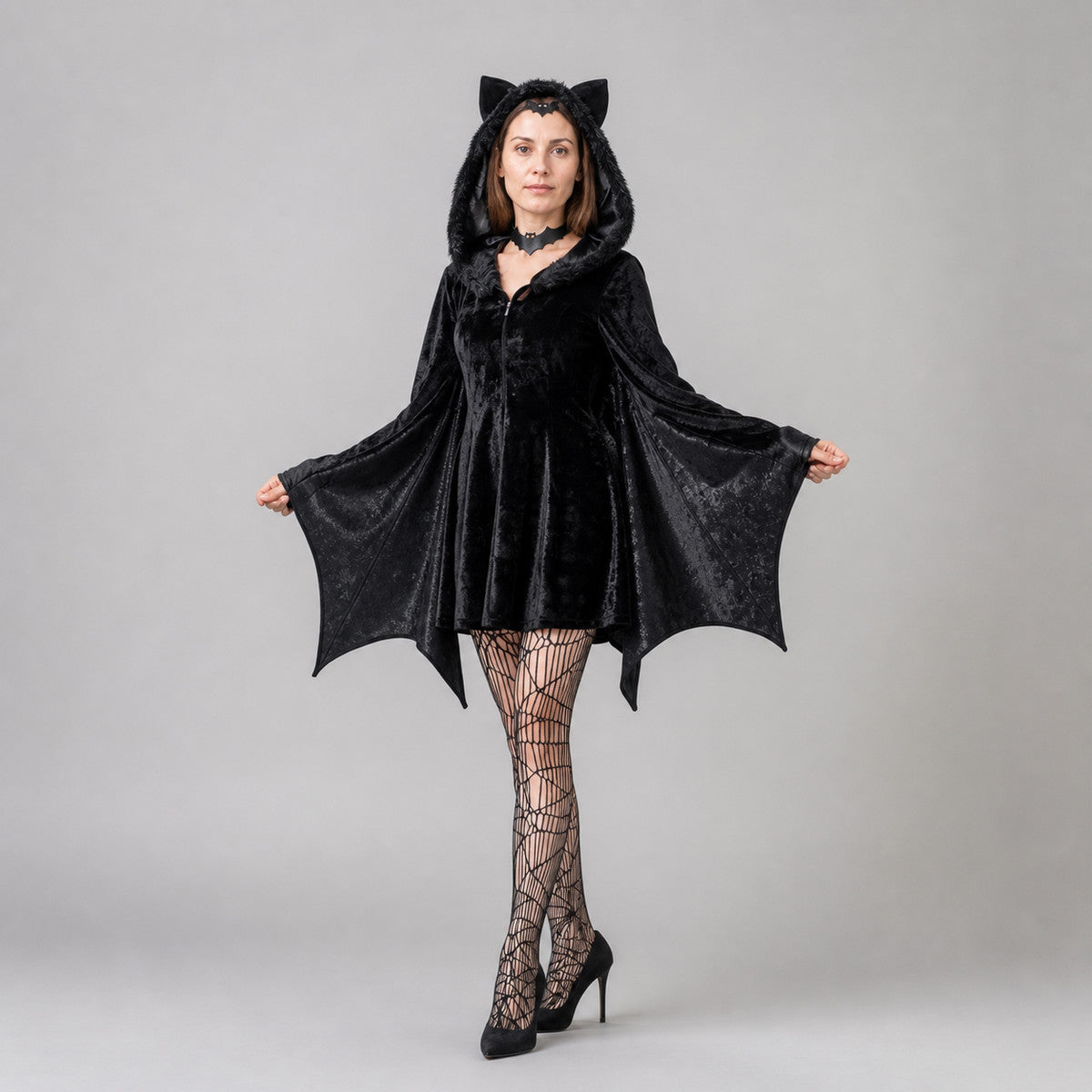 Black Bat Jumpsuit with Hood for Halloween Costumes detail