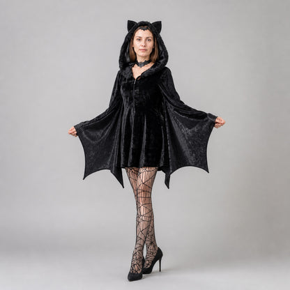 Black Bat Jumpsuit with Hood for Halloween Costumes detail