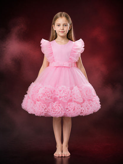 Toddler Girls' Pink Princess Party Dress With Puff Sleeves, Bow And Layered main product view