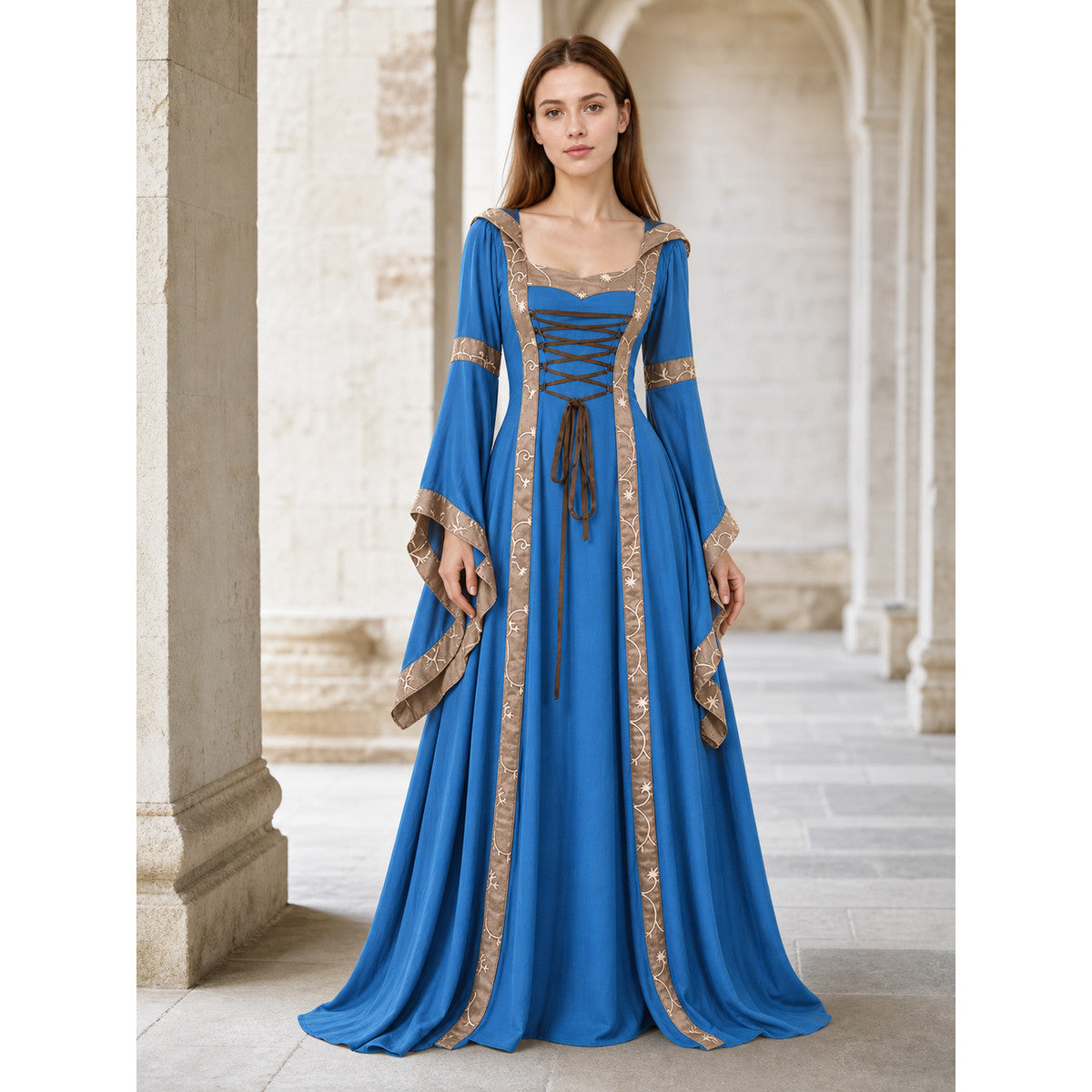 Medieval Hooded Dress with Lace-Up Detail