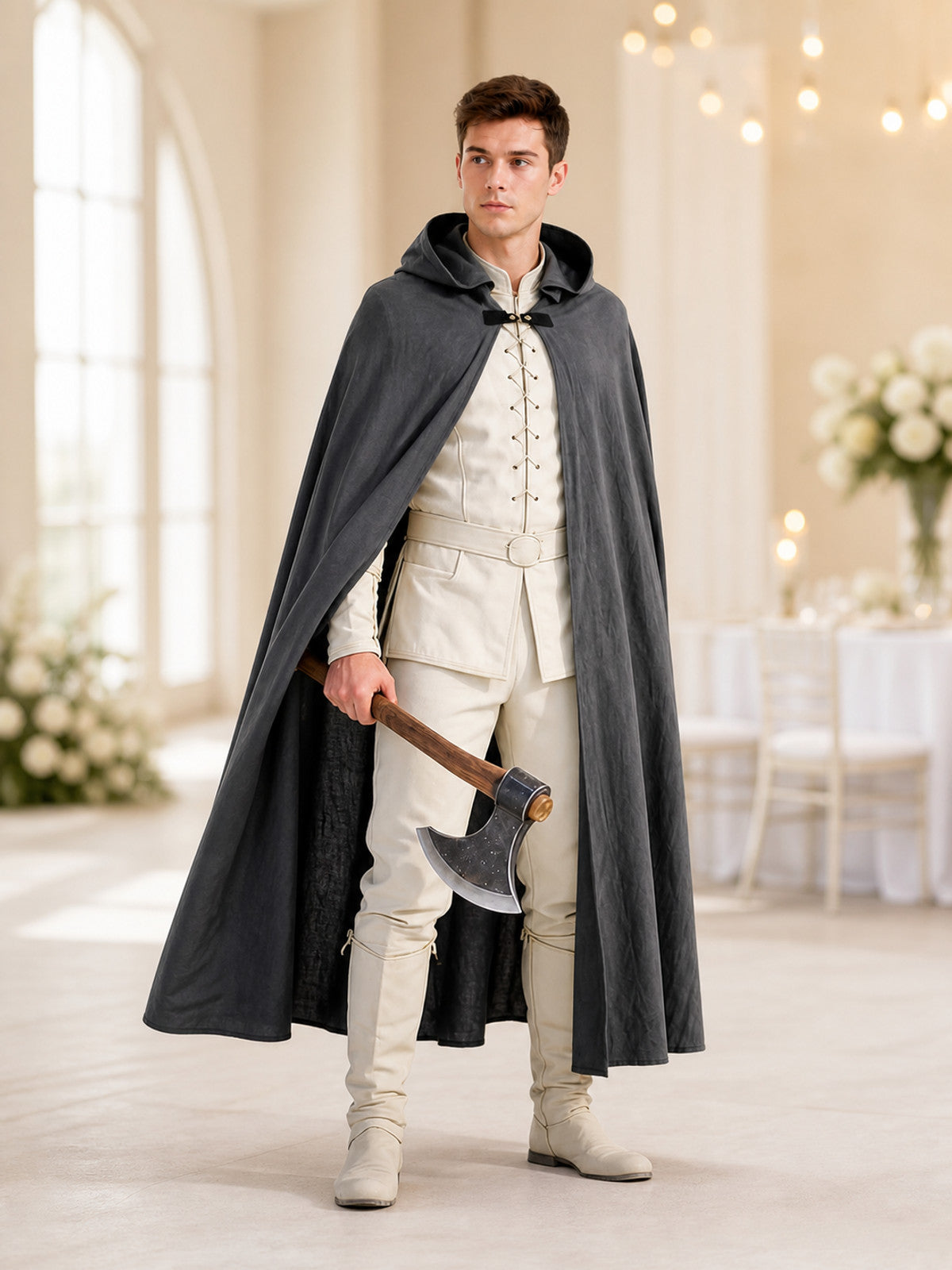 Adult Fantasy Hooded Cape, Long Dark Gray Cloak With Front Tie Closure, Wide