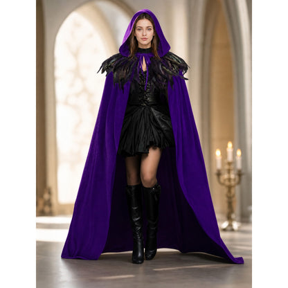 Purple Velvety Hooded Cape with Feathers lifestyle