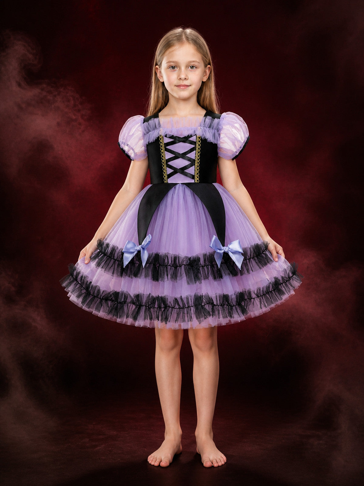 Girls' Purple and Black Witch Princess Costume Dress with Puff Sleeves and Tulle main product view