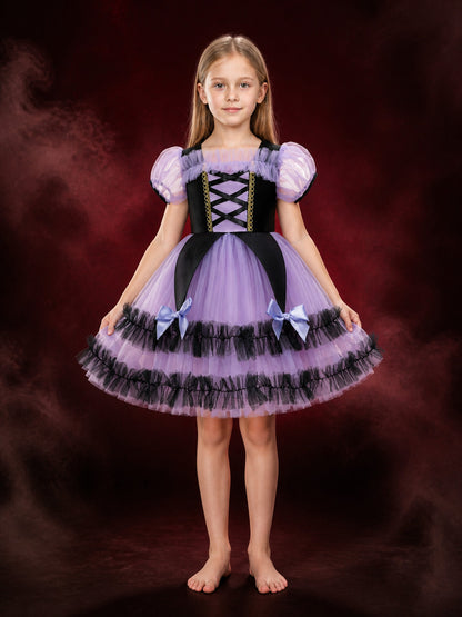 Girls' Purple and Black Witch Princess Costume Dress with Puff Sleeves and Tulle main product view