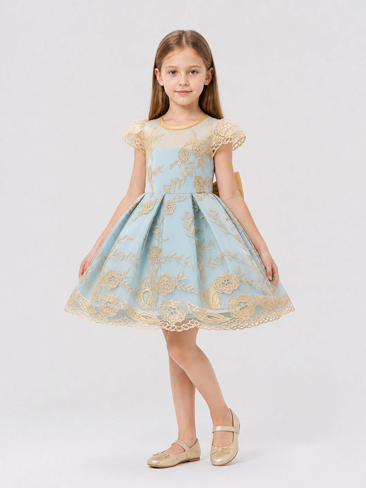 Children's Party Dress with Gold Embroidery and Bow
