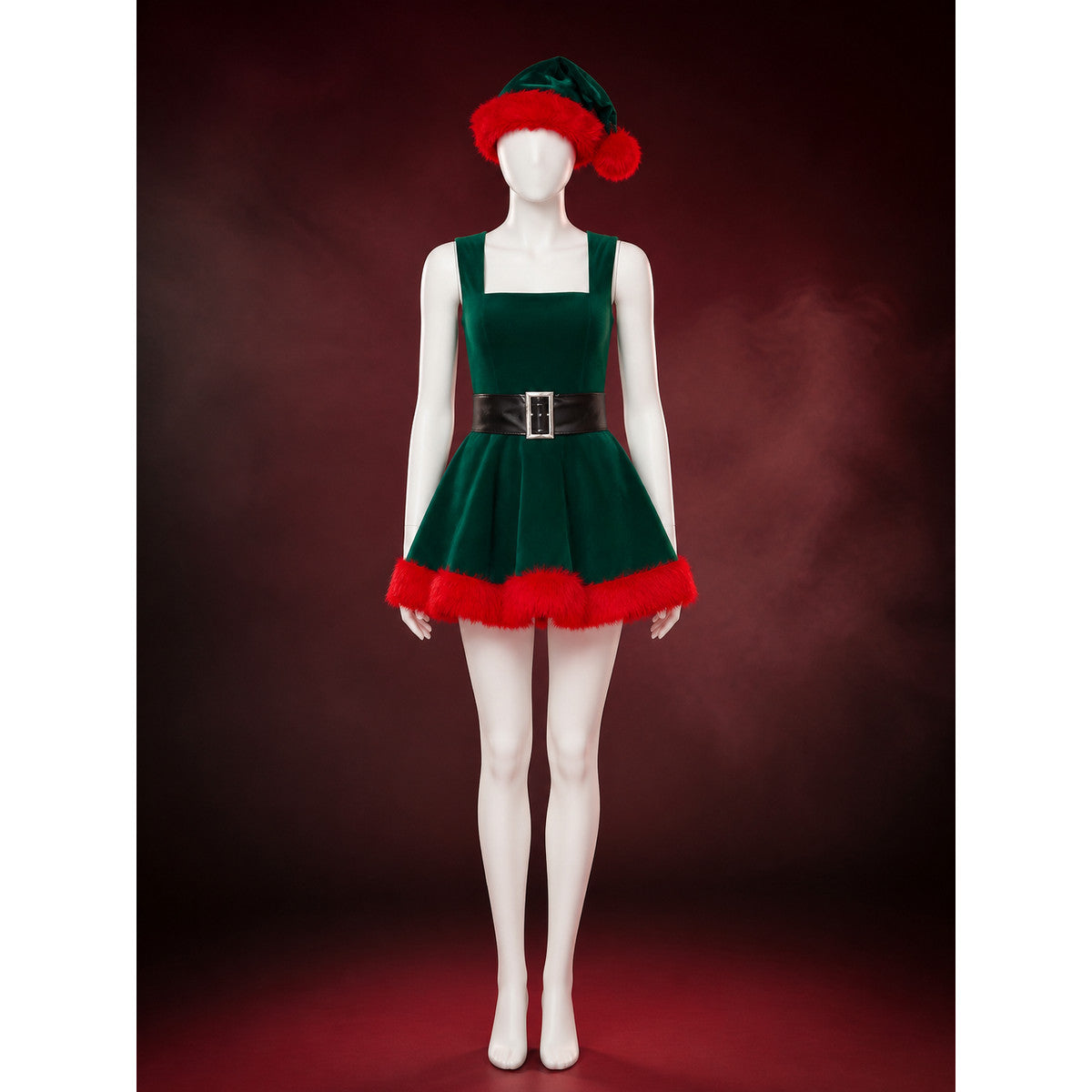 Women's Green Christmas Tree Princess Dress with Red Fur Trim and Black Belt main product view