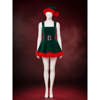 Women's Green Christmas Tree Princess Dress with Red Fur Trim and Black Belt main product view