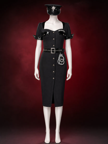 Women's Black Police Costume Set with Dress, Hat and Belt main product view