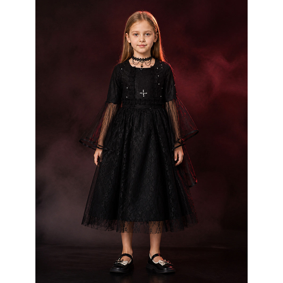 Kids Black Lace Angel Devil Witch Vampire Dress Costume with Sheer Sleeves and main product view