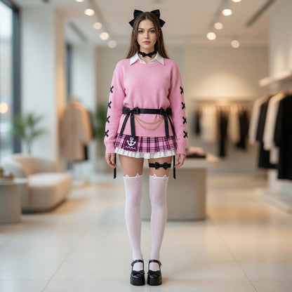 Aqua Cosplay: Pink Top, Plaid Skirt, Bows, Knee-High Socks lifestyle view