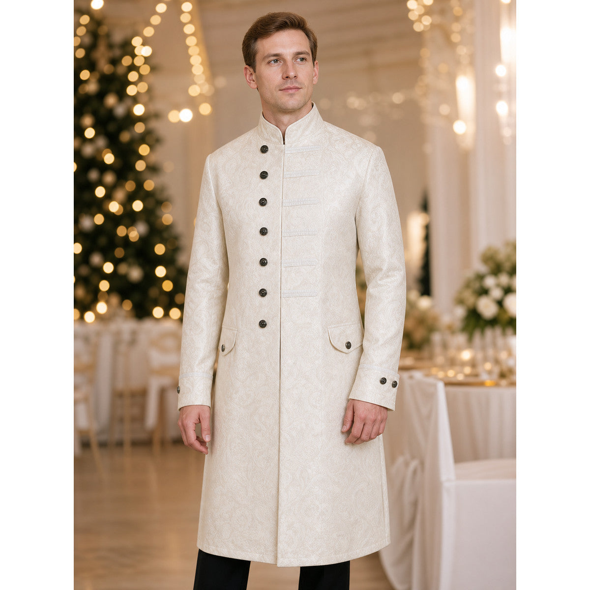 Vintage Jacquard Coat with Stand Collar lifestyle