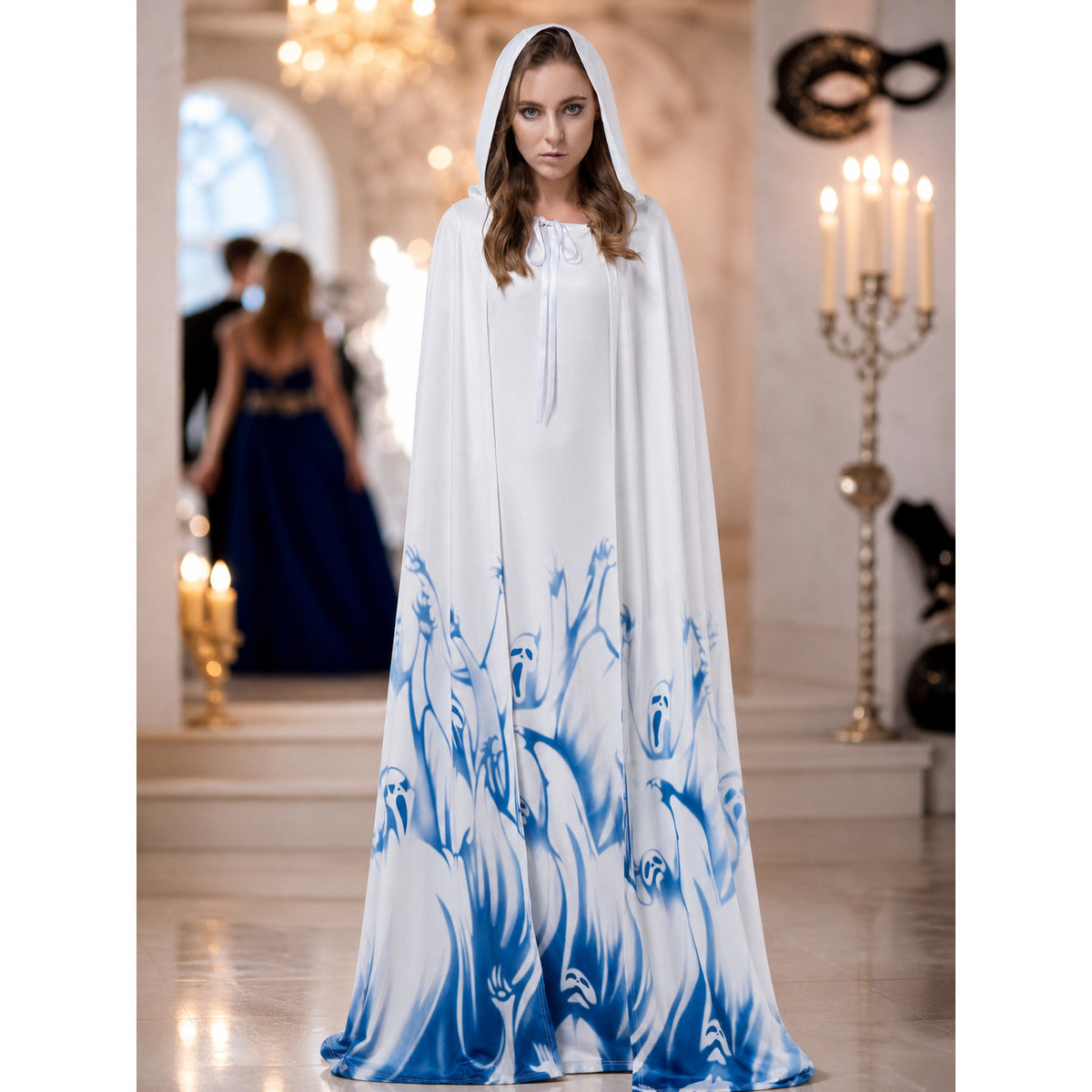 Long Hooded Robe, White with Blue Print lifestyle view