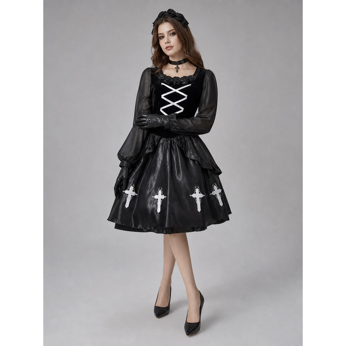 Gothic Dress with Gloves, Collar, and Headband lifestyle