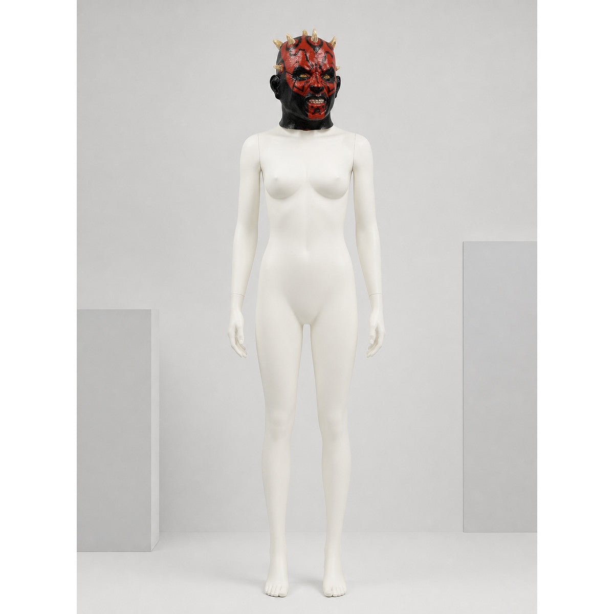 Red-and-Black Carnival Mask with Horns for Halloween on-model front view