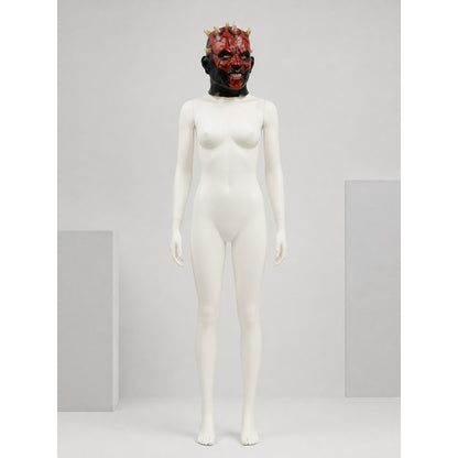 Red-and-Black Carnival Mask with Horns for Halloween on-model front view